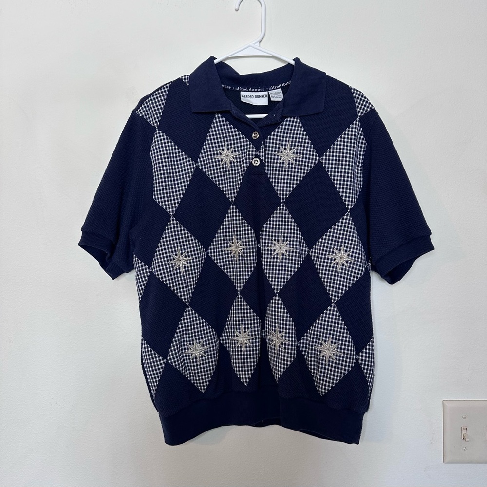 Alfred Dunner Navy and White Argyle Polo